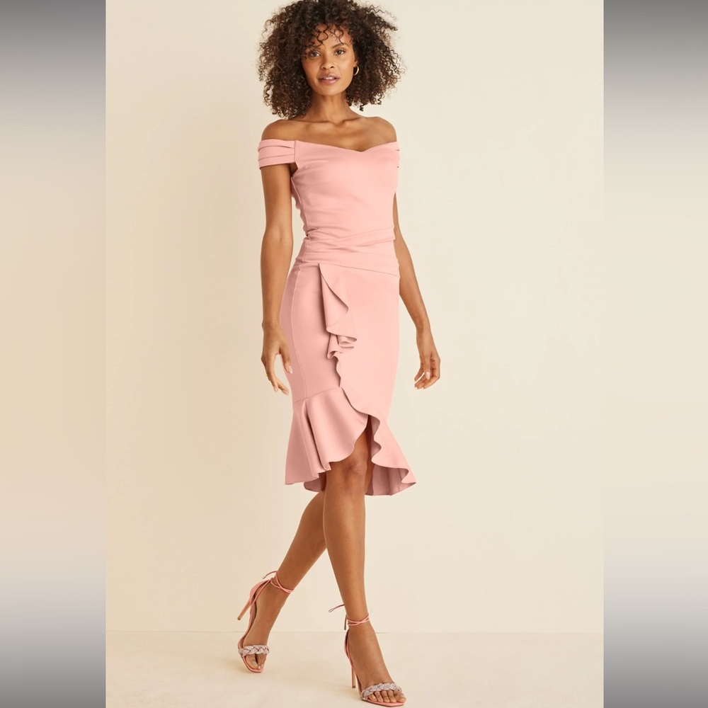 VENUS Asymmetrical  Ruffle Off-Shoulder Pink Dress